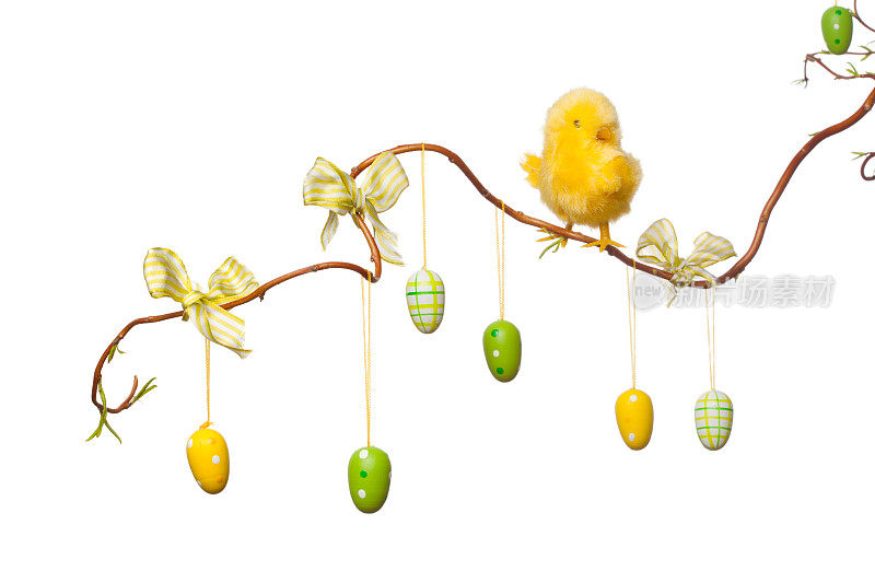树枝-有复活节彩蛋，丝带和小鸡
