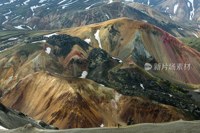 徒步旅行者在冰岛的Landmannalaugar的山脊上行走