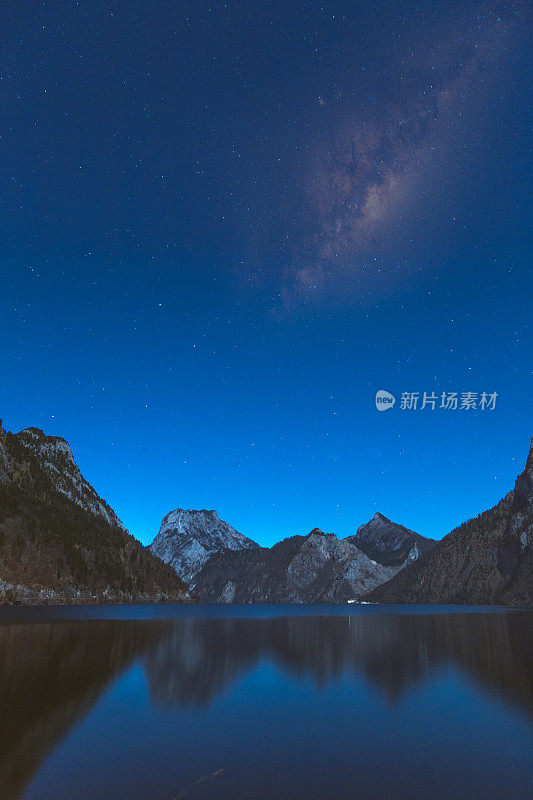 美丽的湖泊和山脉与星空银河的天空