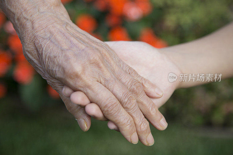 祖母和孙子手牵着手