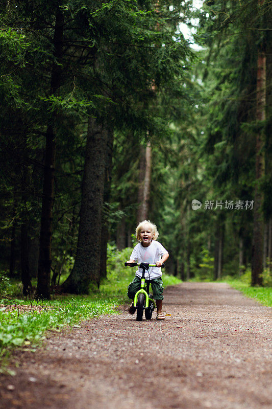 男孩骑着平衡自行车在森林里