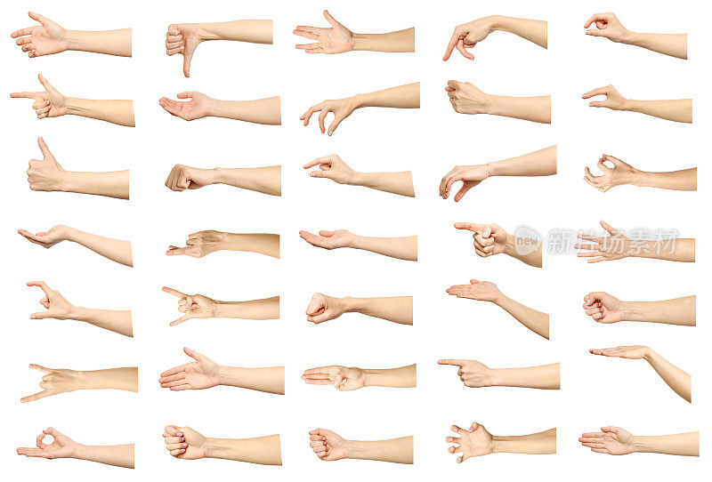 多个图像集的女性白人手势孤立的白色背景。系列的一部分