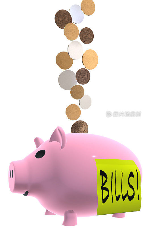 这是一个粉色储蓄罐的3D模型的侧视图，储蓄罐的正上方是硬币，侧面是一个黄色标签，上面印着纸币，背景是纯白色。
