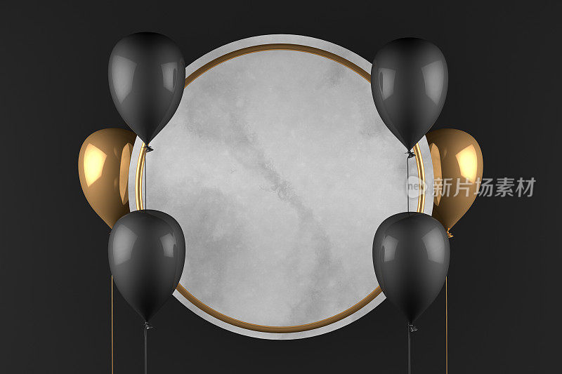 3D空圆圈大理石框架气球黑色背景，黑色星期五概念