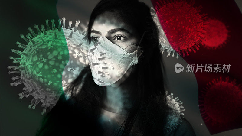 冠状病毒2019-nCov背景概念耐心地戴上意大利国旗覆盖的防护面具。