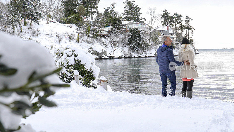 一对夫妇站在白雪皑皑的海滩上望着海港对岸