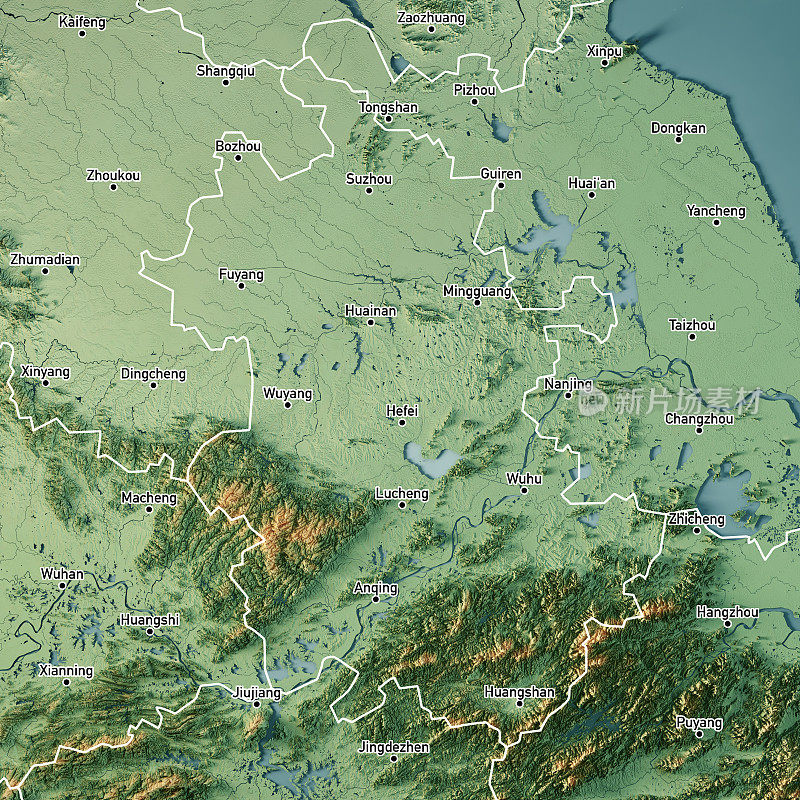 中国安徽三维渲染地形图颜色边界城市