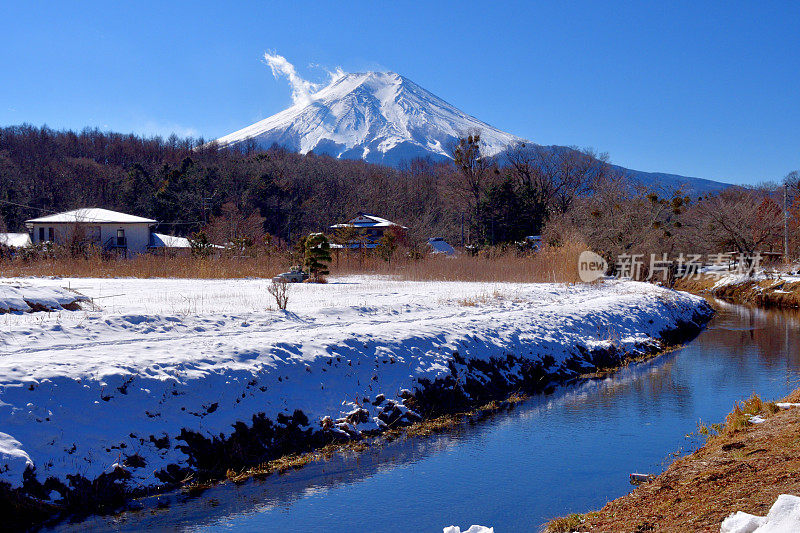 白雪皑皑的富士山与农场:山梨县大野hakkai的景色