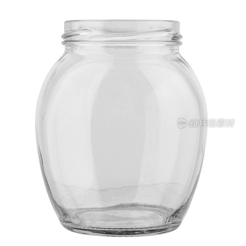 白色背景上的空玻璃瓶照片。