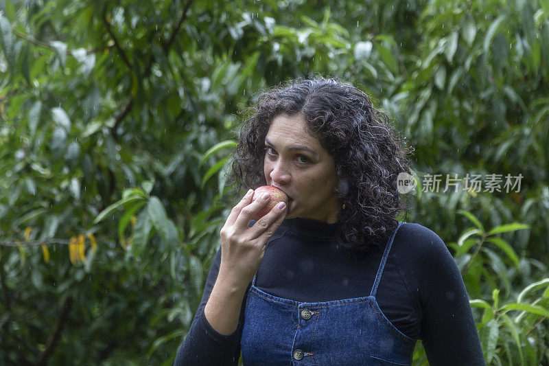 卷发女人在种植园附近吃苹果