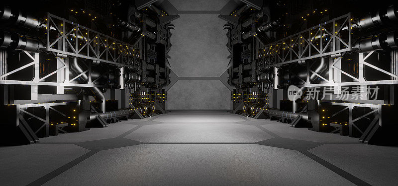 未来工业空走廊走廊房间车库工作室舞蹈发光的深灰色现代背景Interdimensional用于俱乐部3D插图