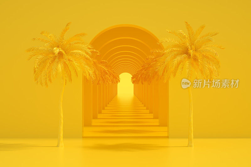 黄色隧道走廊展示舞台与棕榈树