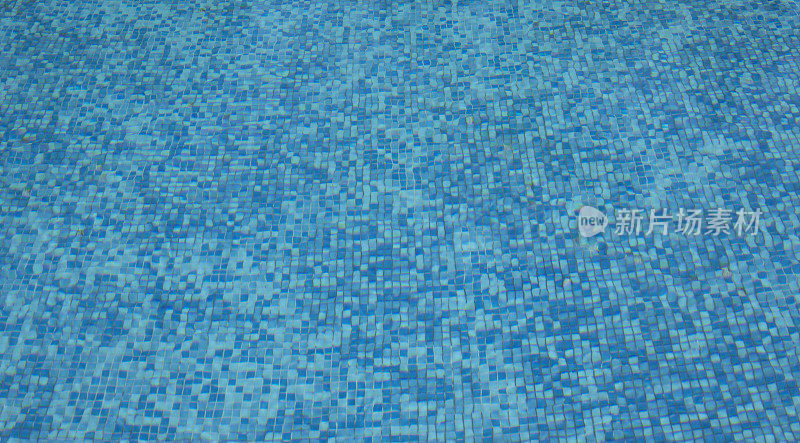 美丽花园中的游泳池。池底湛蓝透明水的华丽马赛克。水池的纹理。