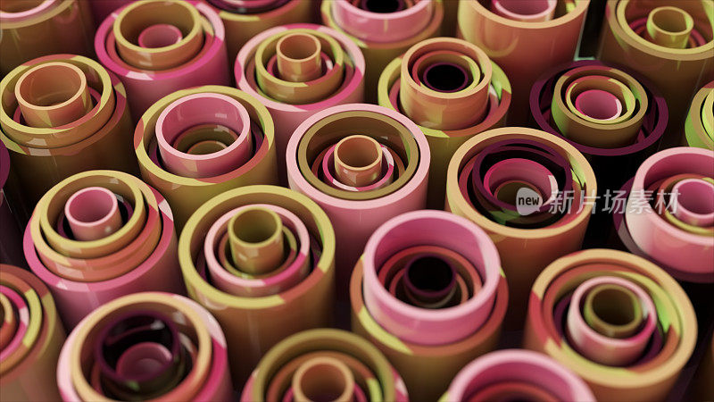 抽象的概念。这些管子是一个叠在另一个里面的。粉红色棕紫色。三维演示