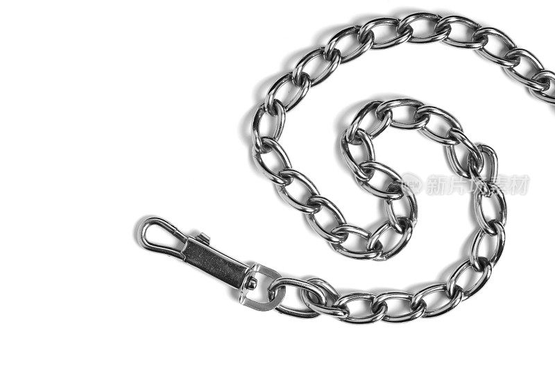 镀镍金属链与钩白色背景，绝缘。
