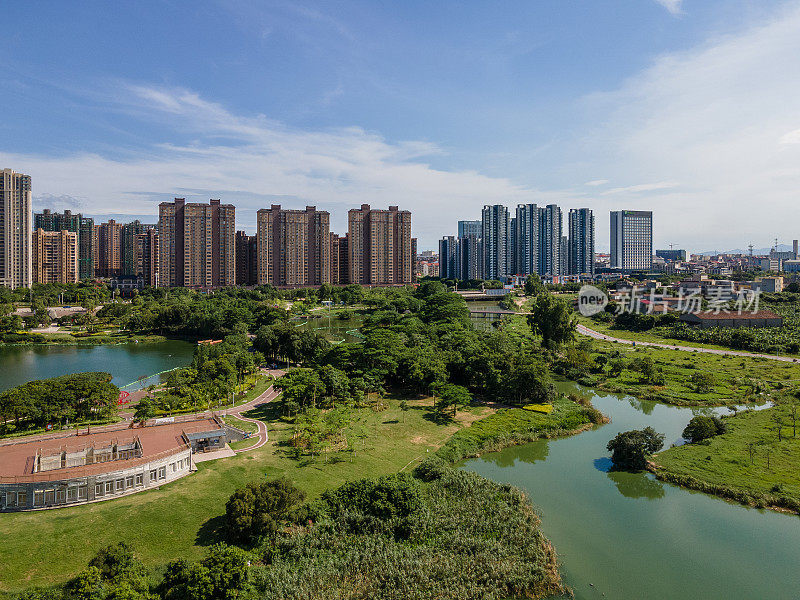 湿地公园绿化与现代城市建筑侧边