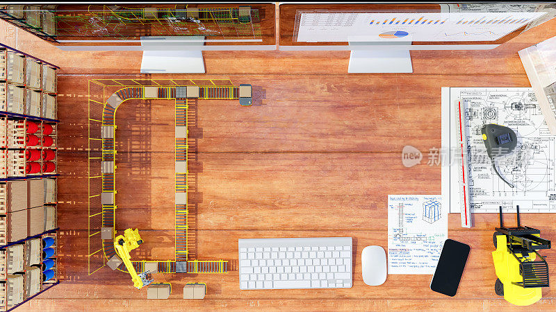仓库布局设计项目中机器人、AGV、输送机及附件的模型在仓库规划工程师的桌面上。