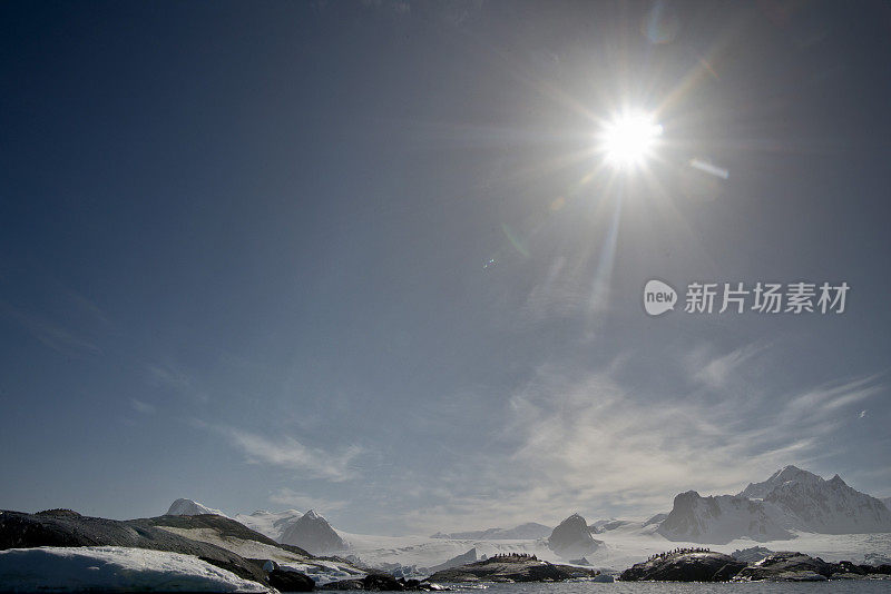 企鹅群沐浴在南极冉冉升起的太阳下