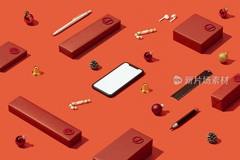 智能手机模型，红色背景与红色礼品盒的模板
