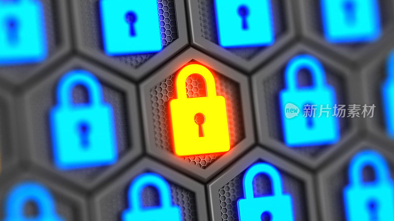 加密数据。数字锁。黑客攻击和数据泄露。大数据与加密的计算机代码。你的数据安全。网络网络安全与隐私的概念。数据库存储三维图