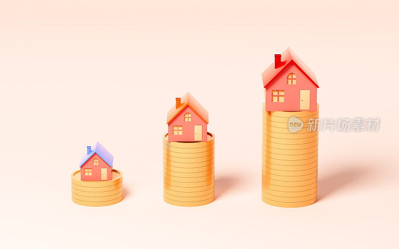 硬币上的房子，房价膨胀，3d渲染。