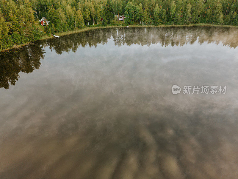 斯堪的纳维亚自然的鸟瞰图，湖面上的天空倒影