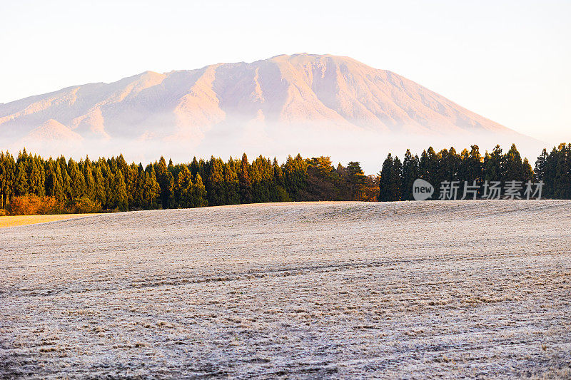 清晨的雾和霜与森林和岩手山的背景