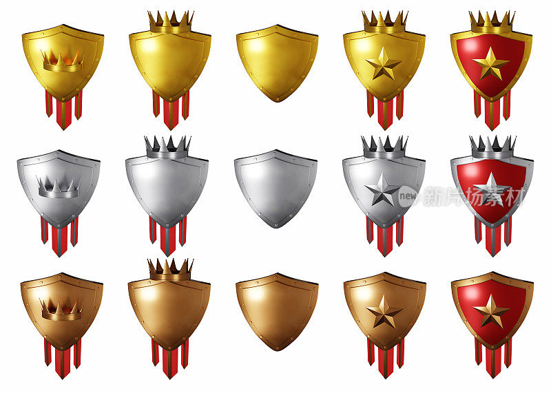 3D银青铜金盾套，逼真的升级游戏徽章，金属奖杯渲染奖励套件。