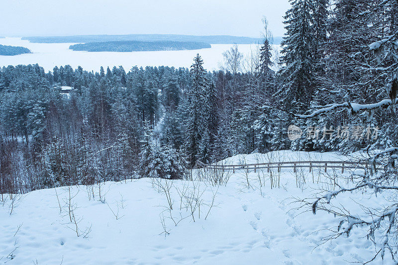 芬兰冬季的自然景观，湖泊和岛屿