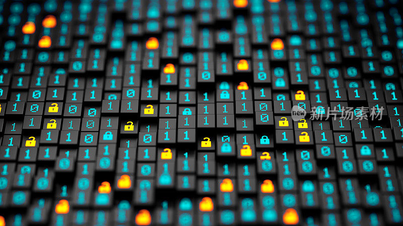 加密你的数据。二进制码和数字锁。黑客攻击和数据泄露。加密计算机代码的大数据。保护您的数据。网络安全和隐私概念。数据库存储3d图