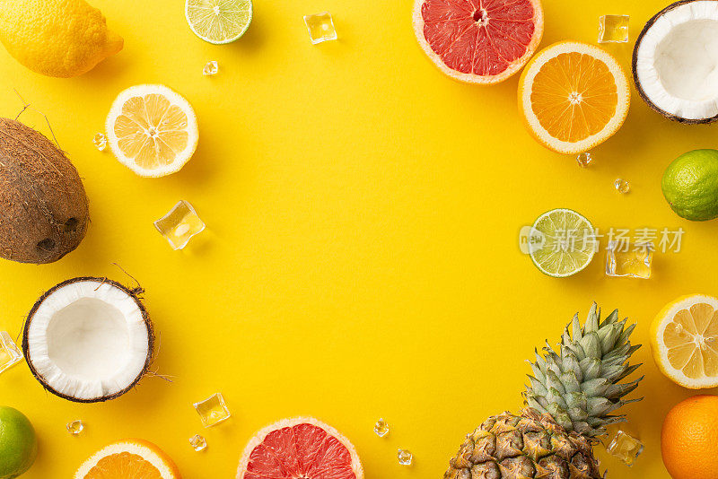 添加一些夏天的风格，你的营销与这个时尚的俯视图照片的香蕉椰子树柑橘类水果，棕榈叶，并在一个明亮的黄色背景空白的文字