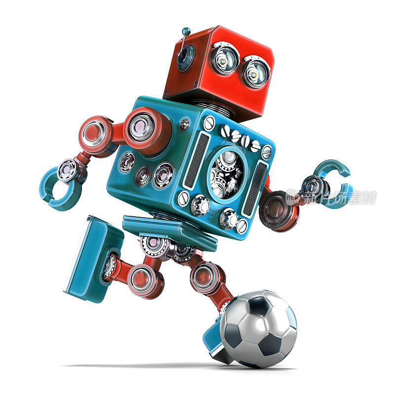 踢足球的复古机器人。孤立。包含剪切路径。