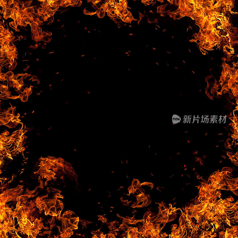 火焰框架与明亮的火花隔离在黑色背景
