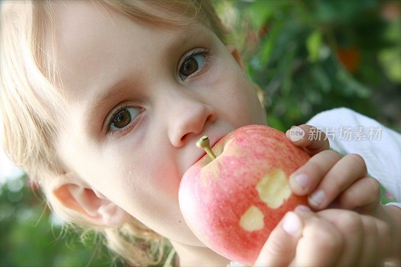 小女孩在果园吃苹果