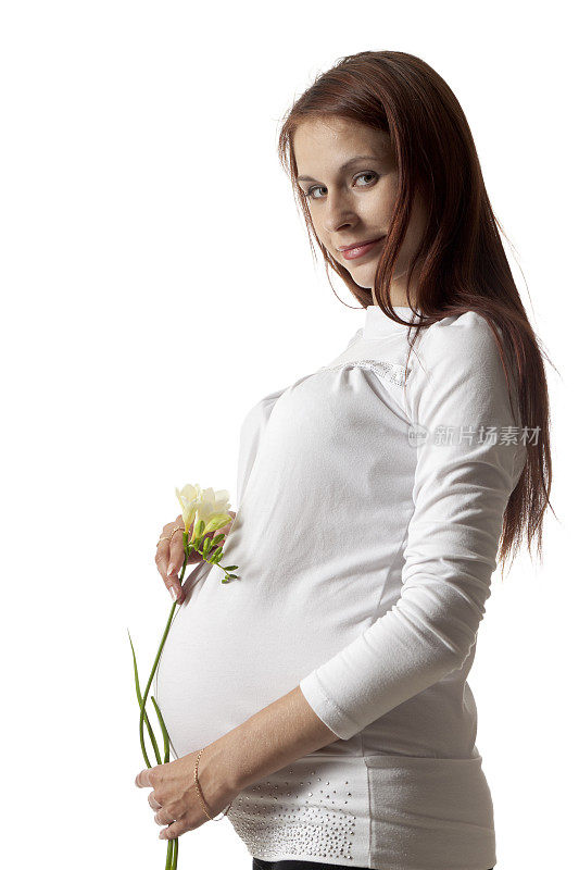 孕妇与花孤立在白色