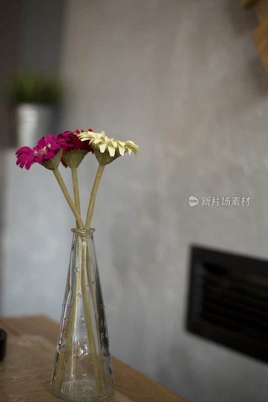 鲜花、花瓶中的雏菊、桌上的咖啡