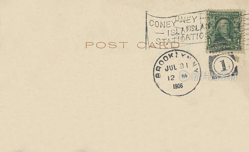 1906年的古董明信片，后科尼岛，布鲁克林，纽约邮戳