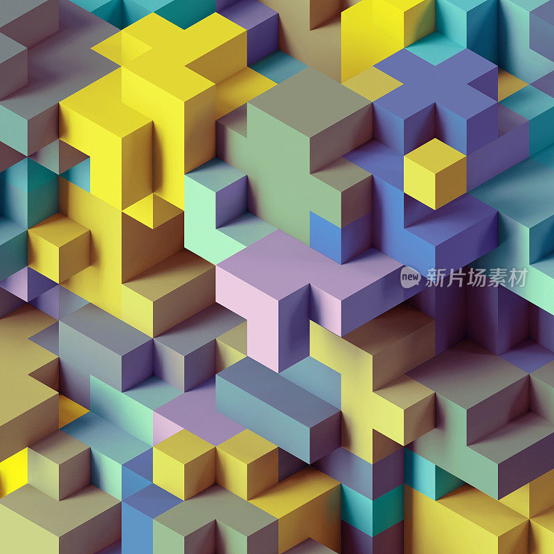 三维渲染，抽象几何背景，彩色构造器，逻辑游戏，立体马赛克结构，等角墙纸，红绿立方体