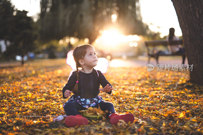 好奇的小女孩坐在公园的金色树叶上