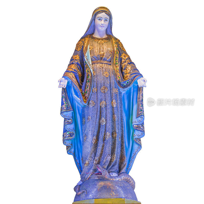 天主教堂的圣母玛利亚雕像孤立在白色的背景上。