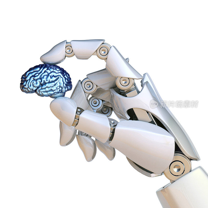 机器人手握人脑，人工智能概念，仿生大脑