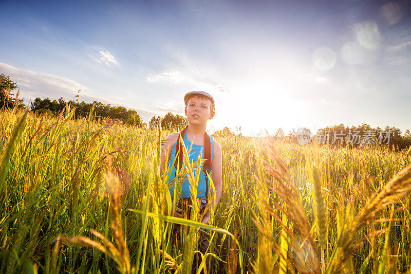小男孩在夕阳下的田野里拍照