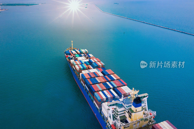 船舶的业务物流货物概念和地图全球合作伙伴连接的集装箱货物货运船舶的进出口，其中国际物流运输，鸟瞰