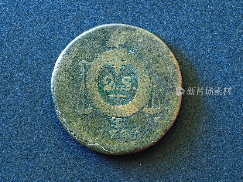 两索尔的古法国硬币，1793年，法国大革命期间