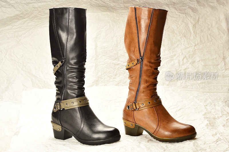 女靴，秋冬时尚，黑色和棕色颜色