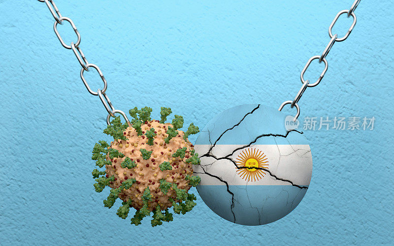 阿根廷国旗被冠状病毒Covid-19破坏球摧毁