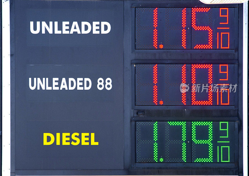 普通加油站的牌子上写着低汽油价格。