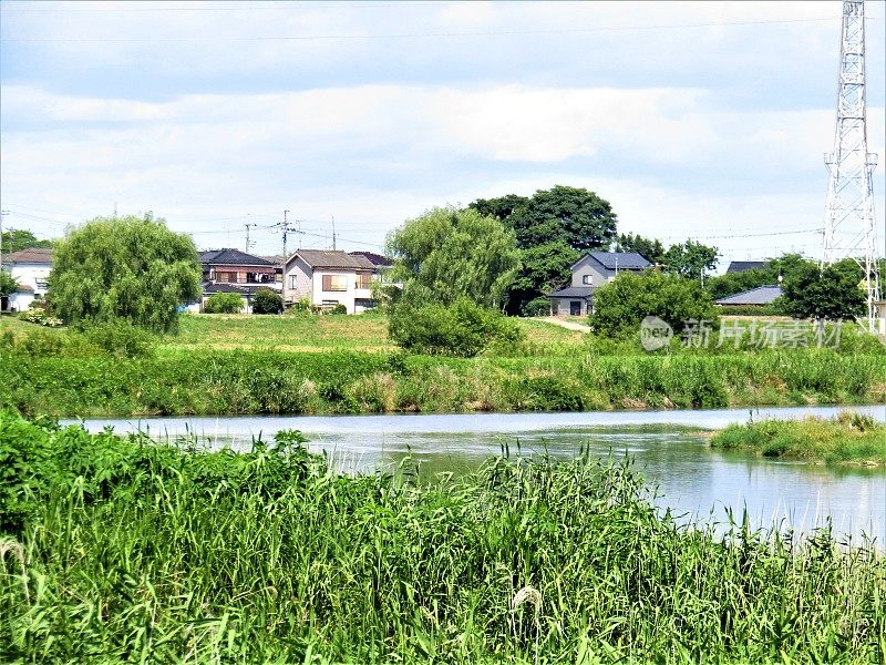 日本农村。小河流景观。