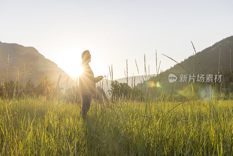 牧场主在木栅栏旁休息时使用数字平板电脑