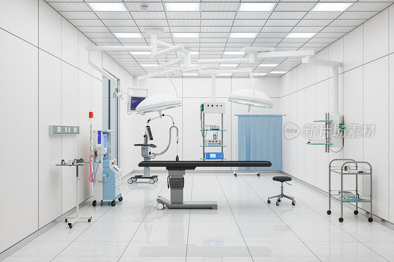 医院手术室内部，有手术台、医疗设备和手术灯
